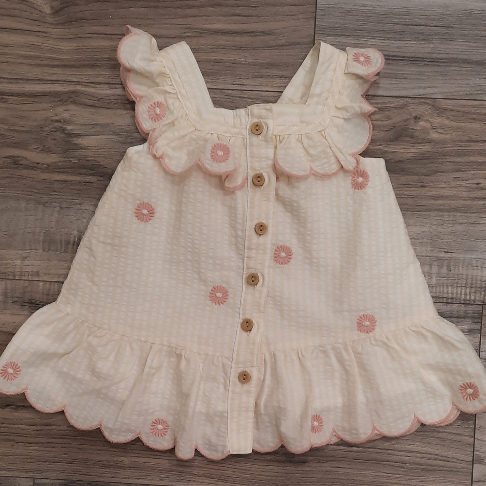 Baby Girl Cream and Pink Ruffled Dress And Pink Diaper Cover Floral Embroidery